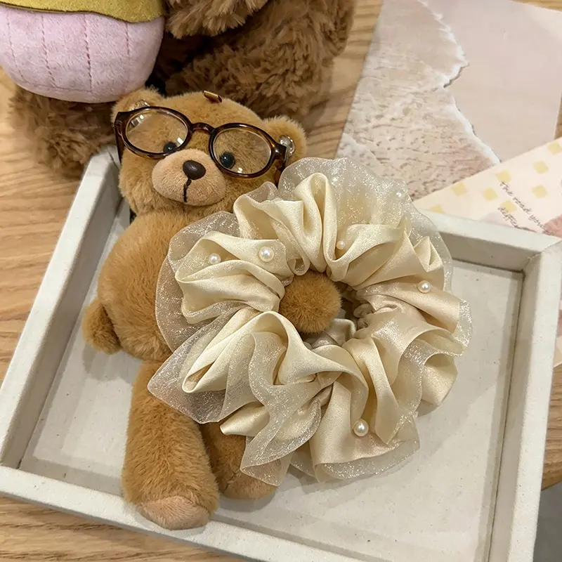 Cute Teddy Bear Hair Scrunchies - Pearl Satin Fluffy Organza Hair Ties, Funny Plush Bear Figurine Ponytail Holders for Girls Women School Party