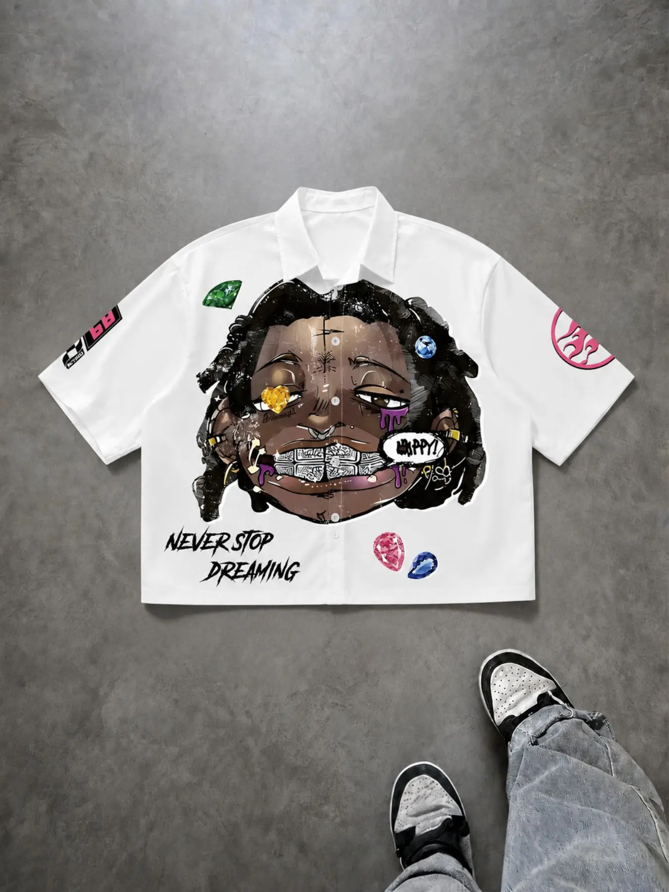 Men's White Portrait Graphic Button-Up Shirt, Casual Party Shirt, Oversized Short Sleeve Collared Top with Sticker-Style, Graffiti Letter and Character Print, Retro Y2K Hip Hop Streetwear for Summer, Festivals, Parties, Layered Outfits