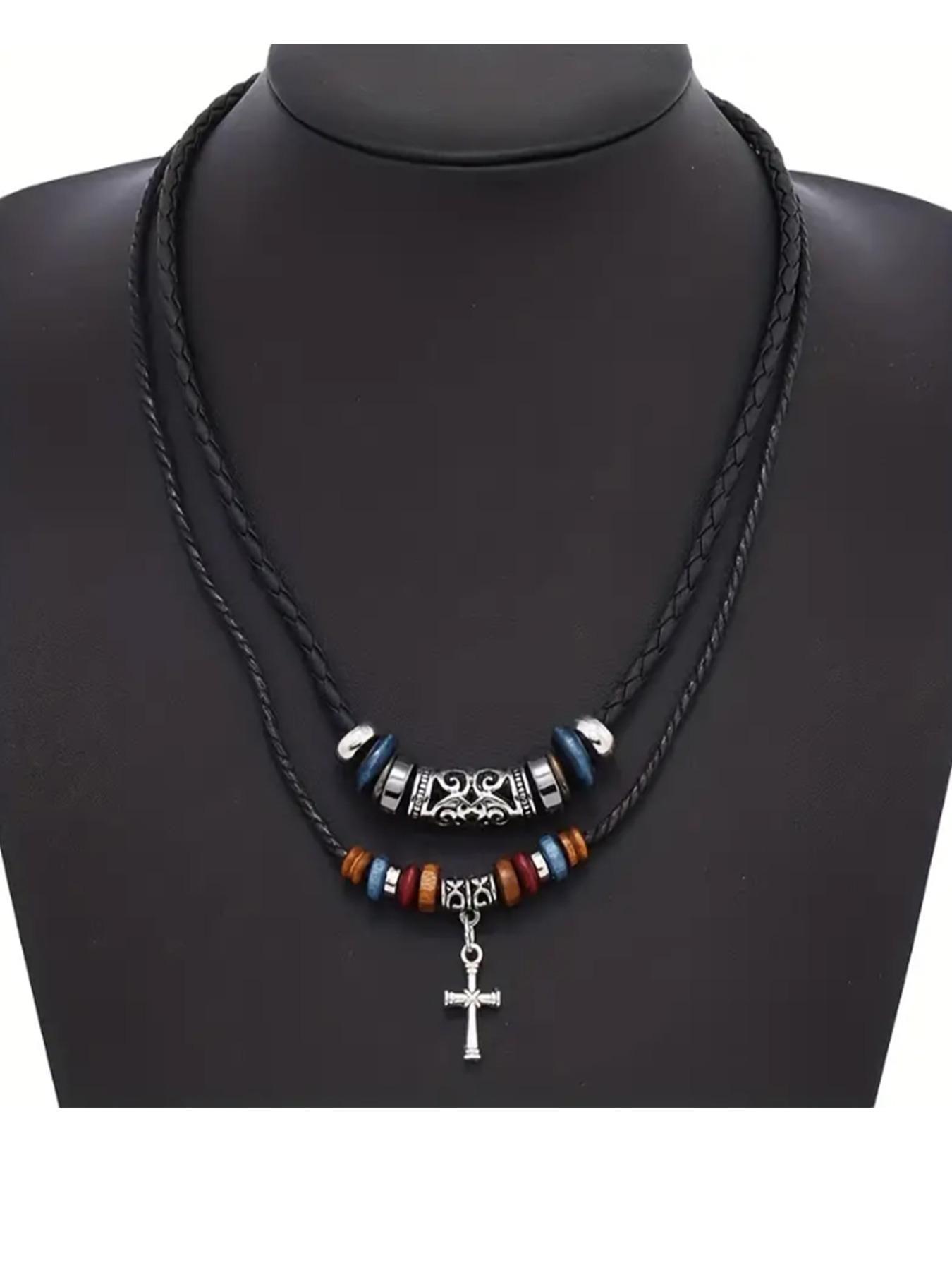 Unisex Boho Style Drawstring Layered Beaded Necklace, Trendy Chic Vintage Retro Necklace, Gorgeous Jewelry As Birthday Gift for Girlfriend & Boyfriend, Cross Charm Necklace