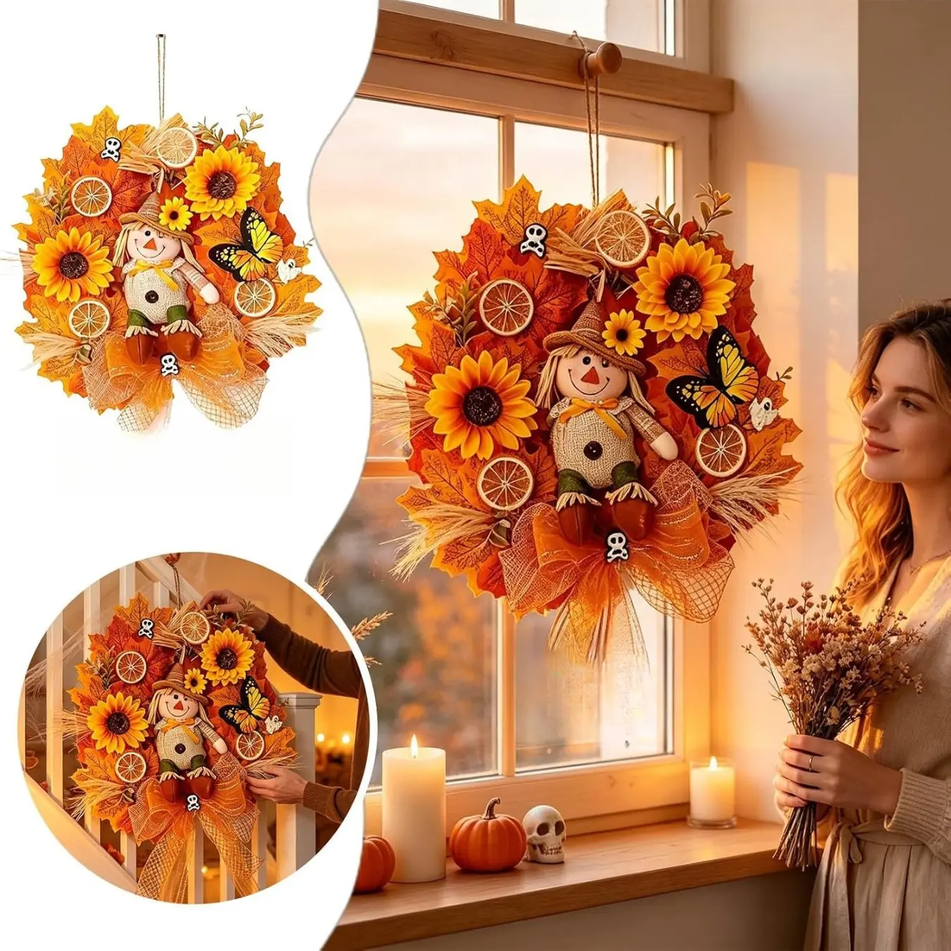 Halloween Scarecrow Maple Leaves Wreath, Autumn Harvest Sunflower Maple Wreath and Farmhouse Burlap Bow, Hanging Scarecrow Wreaths for Home Porch Autumn Decor