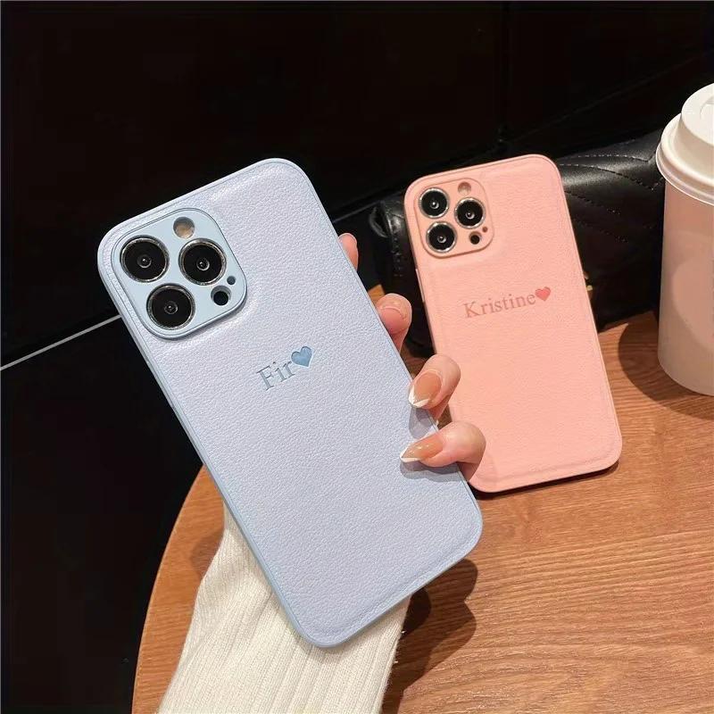 Personalize Customized Initials Name Leather Phone Case For iPhone 17 16 15 14 13 12 11 Pro Max 16 Plus Xs Max Protection Cover