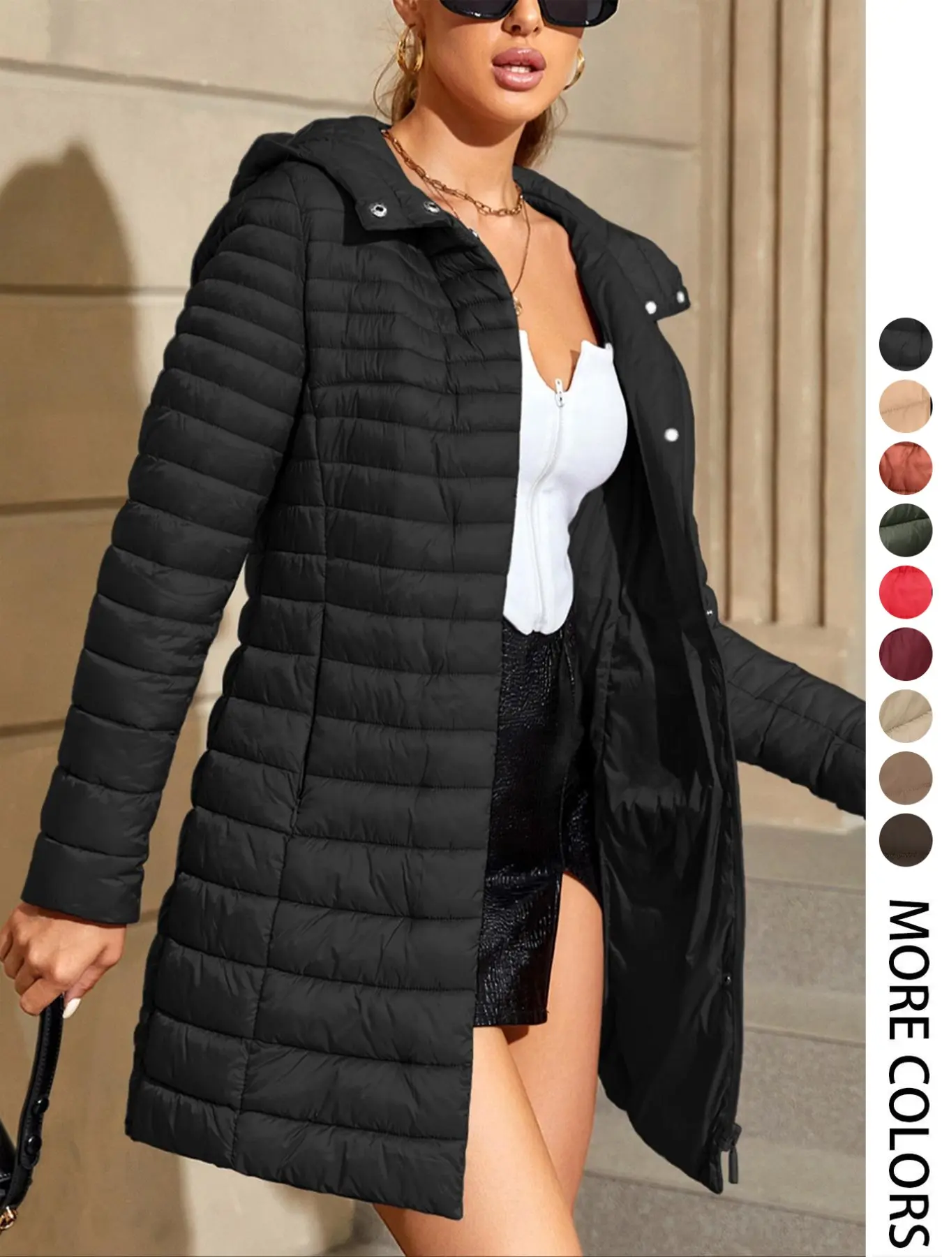 Women's Plus Size Fall Winter Long Cotton Jacket, Warm Hooded Coat with Pockets, Casual Fitted Outerwear, Elegant Commuter Style, Fashion Casual Outerwear