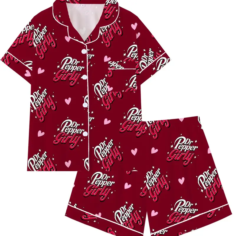 Women's 2-Piece Pajama Set, Short Sleeve Button-Down Top with Chest Pocket & Elastic Waist Shorts, Soda Girly Letter & Heart All-Over Print Loungewear, Aesthetic Summer Pyjamas, Gift for Women