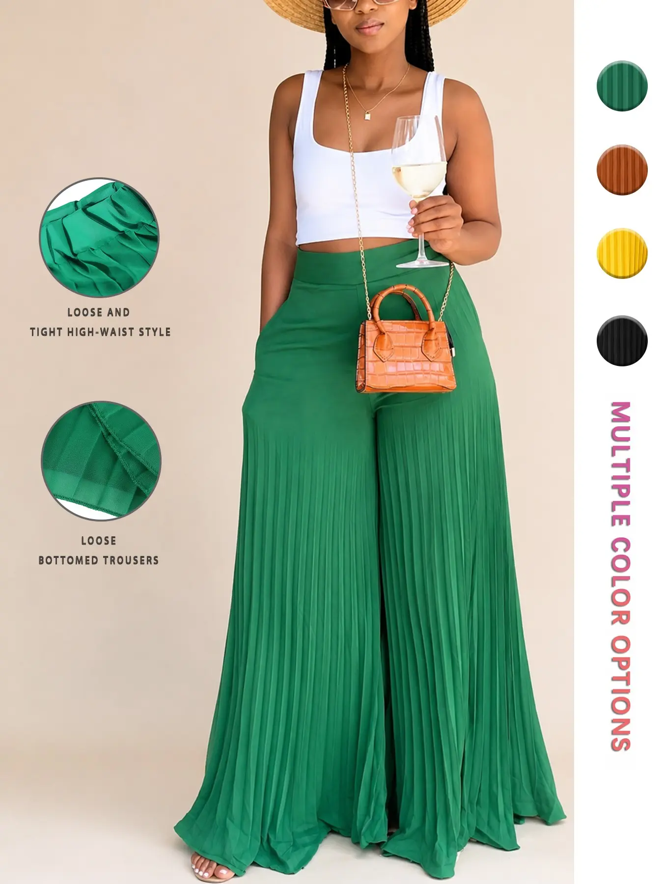 Women's Pocket Pleated Loose Wide Leg Woven Pants, Casual Bohemian High Waist Trousers for Spring & Fall, Women's Bottoms for Daily Vacation Party
