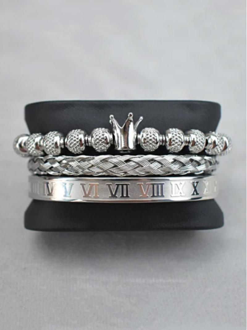 Men's Elegant Braided Bracelet, Fashionable Crown & Roman Numerals Decor Bracelet for Party, Daily Decor, Trendy All-match & Exquisite Jewelry for Birthday Gift