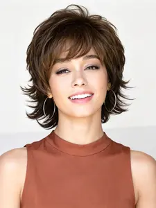 Fashion Women's Wig, 10 Inch Gradient Brown with Gold Highlights, Loose Layered Short Straight Hair, Suitable for Daily Use and Parties, All Seasons