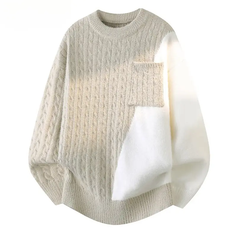 Men's Crew Neck Color Block Knit Sweater, Irregular Patchwork Design with Patch Pocket Decor, Soft Plush Fabric, Trendy Casual Style, Suitable for Daily Commute and Casual Street Outfits in Autumn and Winter.