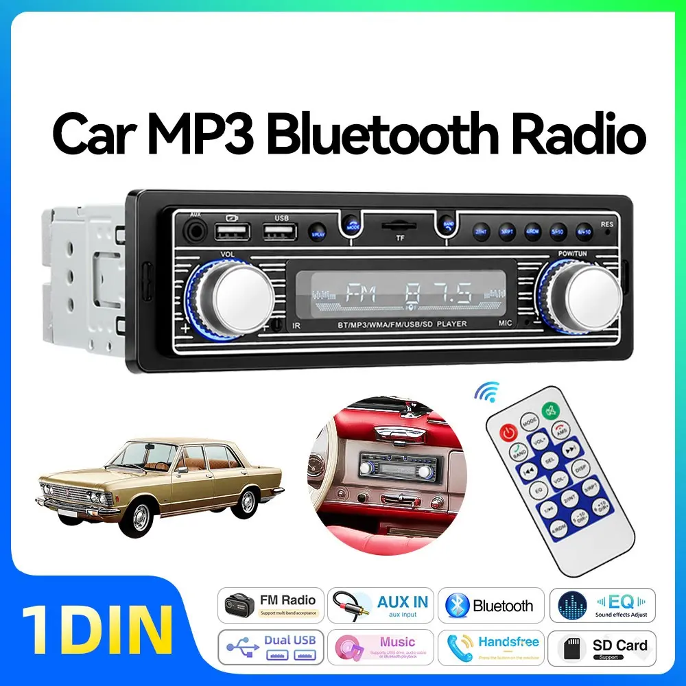 1Din Retro Car Radio Bluetooth 5.0 Classic Vintage Car Stereo MP3 Player FM Radio USB TF AUX 4×45W For Old Classic Cars