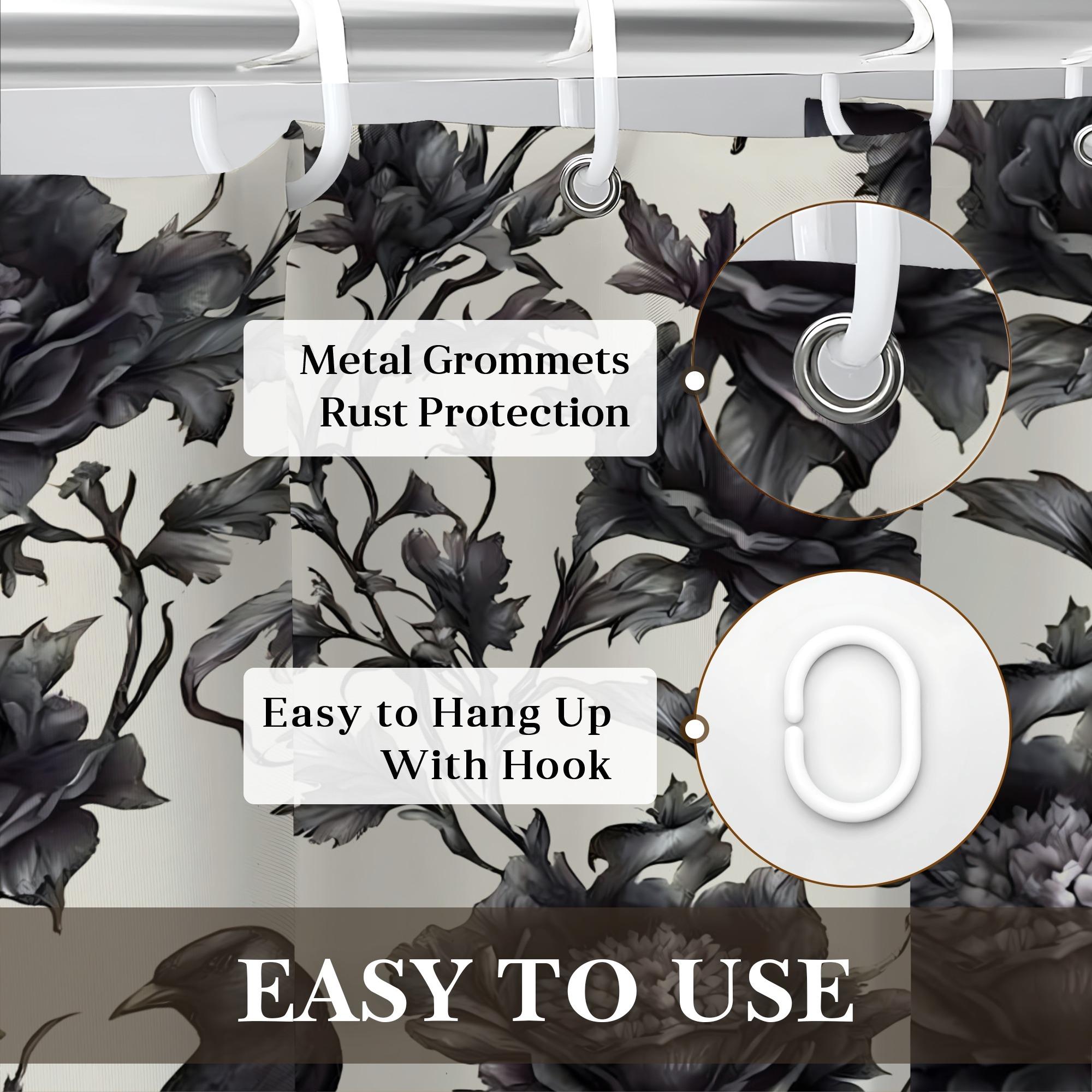 Black White Gothic Crow Shower Curtain, Floral Botanical Bath Curtain, Machine Washable Polyester with Hooks, Modern Bathroom Decor