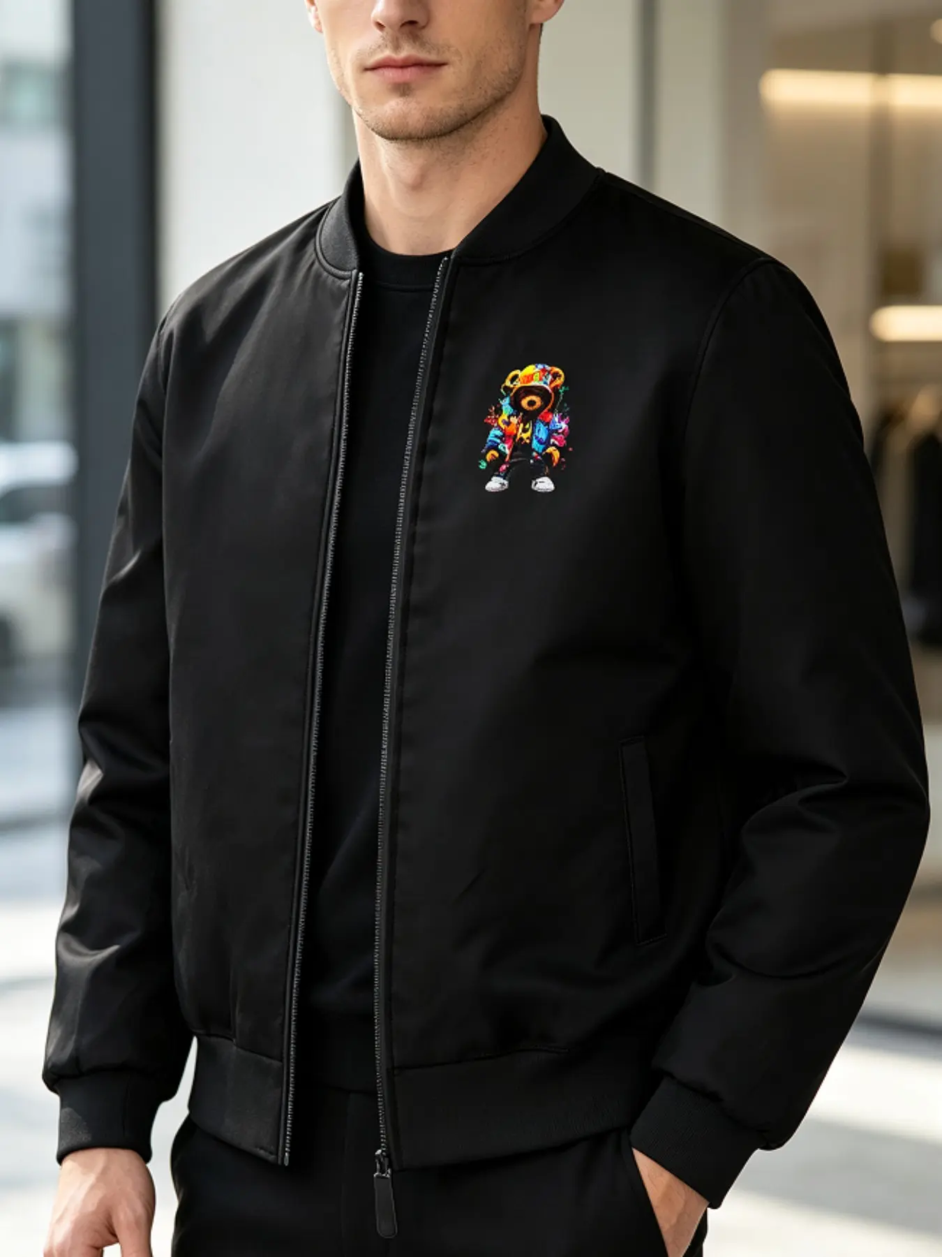 Men's Zipper Jacket, Graphic Cartoon Bear Print, Casual Hip-Hop Street Style, Lightweight Stand Collar Coat, Daily Urban Wear