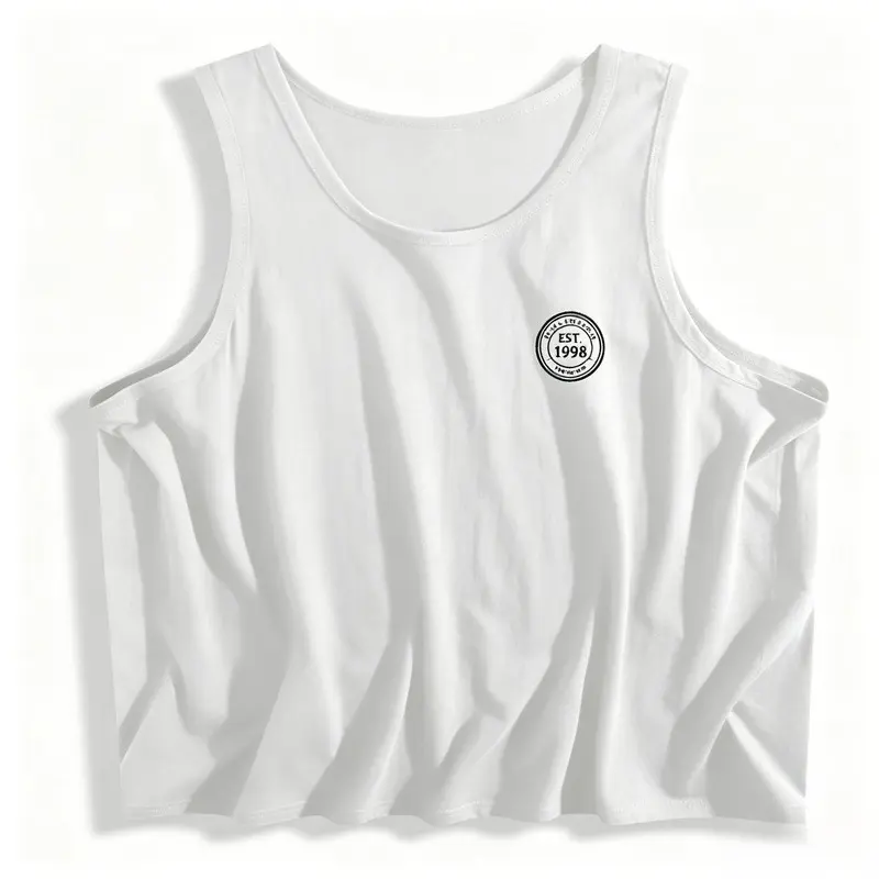 Men’s 100% Cotton Loose Breathable Dry Sleeveless Muscle Tank Top, Menswear, Plain White with Minimal Tiny Black Circular EST.1998 Stamp Seal Graphic, Medium Length for Gym Workout & Daily Casual
