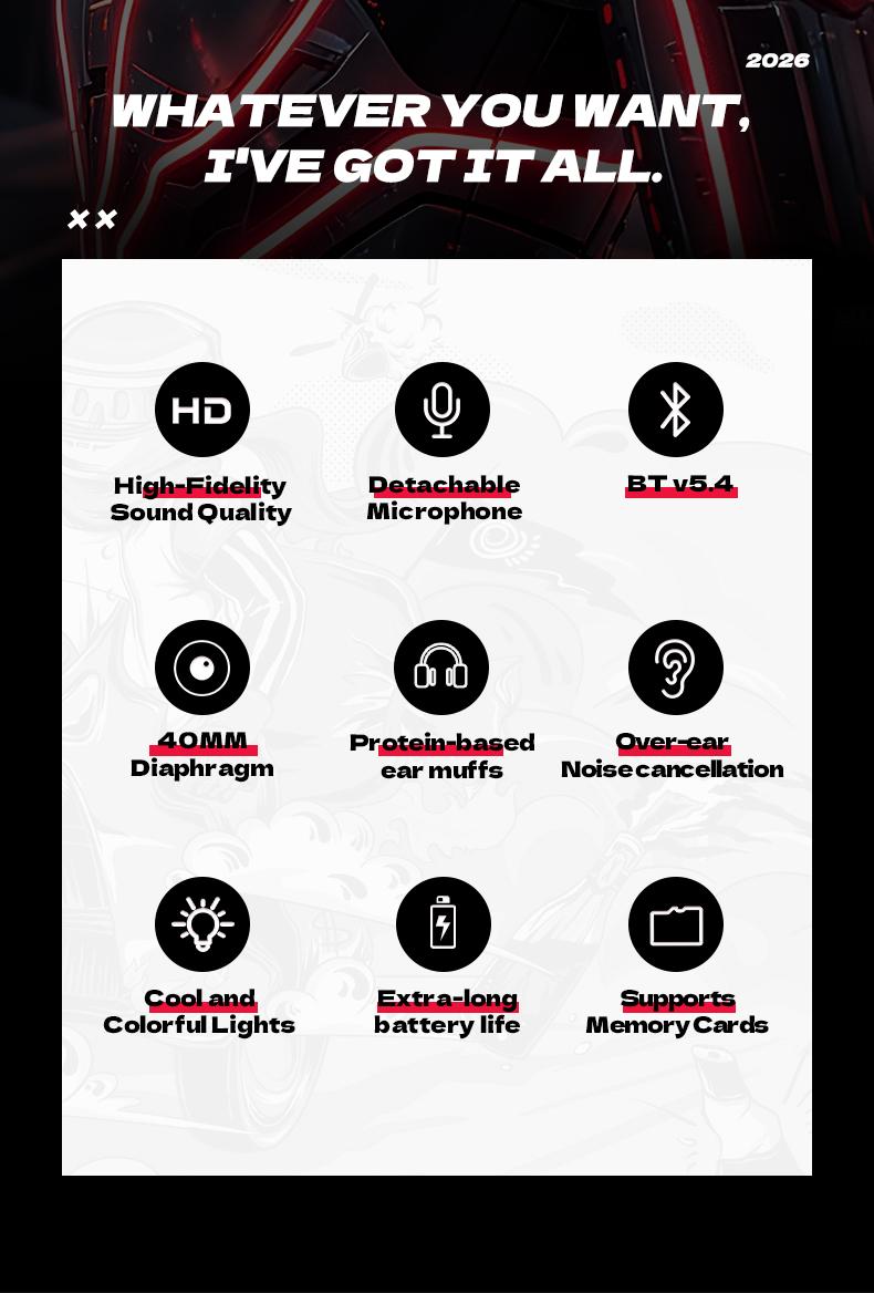 2026 New Wireless Bluetooth Gaming Headset with RGB Lights,40MM Driver,Noise Cancelling Mic,38H Playtime Headphones for PC/Mobile