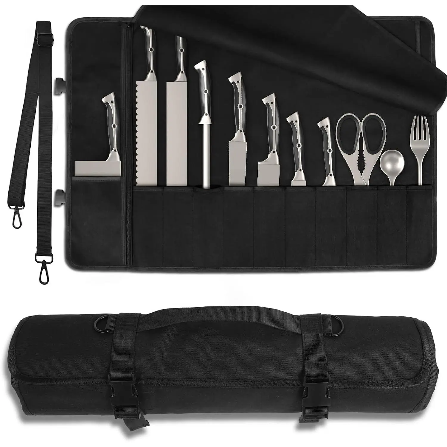 Upgraded Chef Knife Roll Bag, Waterproof Waxed Canvas Knife Case Holds Size Up to 18'', Portable Knife Holder with 11 Slots for Knives with Adjustable Strap, Gift for Beginner or Pro
