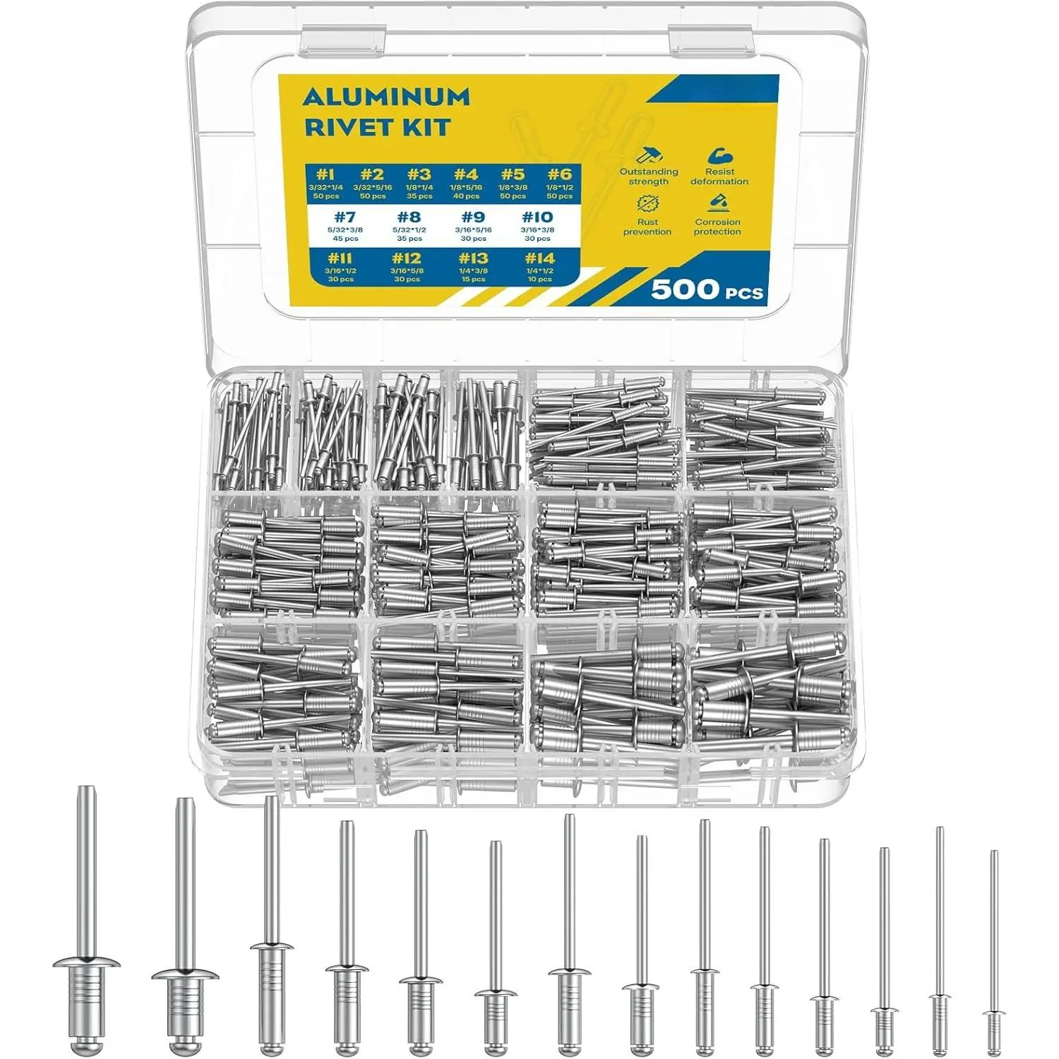 500 count Pop Rivets  Kit, 14 SAE Sizes  Rivets, 3/32", 1/8", 5/32", 3/16", 1/4" Rivet Kit,  Blind Rivets for Metal, DIY, Automotive &  Repair