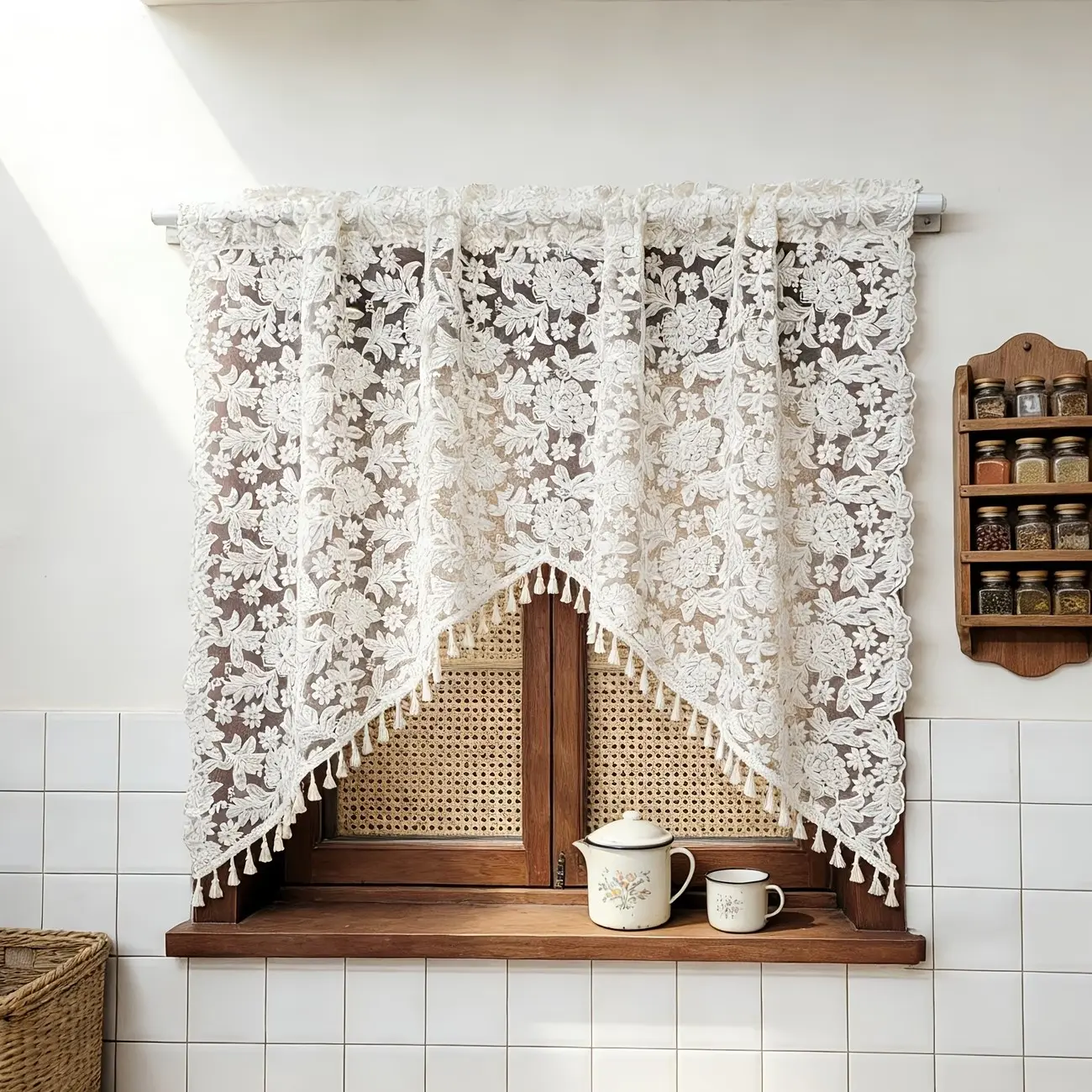 1pc Bohemian Style Curtain, Floral Sheer Drapes with Fringe, Arched Rod Design, Ideal for Porch, Kitchen, Living Room, Bedroom, Window Curtains