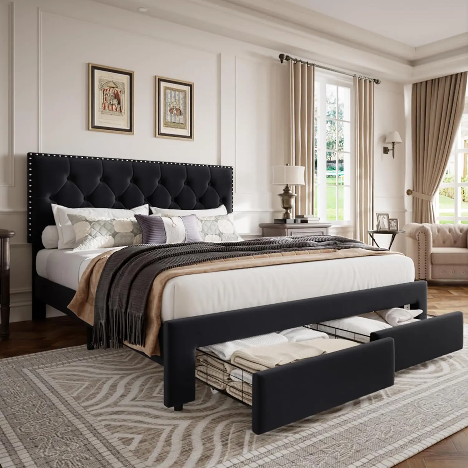 Vintage Velvet Headboard Queen Bed Frame with 2 Roller Drawers - Upholstered Low Profile Platform, Wood Slats - Silent, Noise-Free, No Box Spring - Black Bed Frames for Storage Organization
