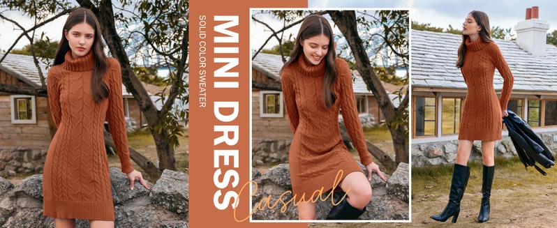 Saodimallsu Womens Cable Knit Sweater Dress Sexy Long Sleeve Bodycon Turtleneck Mini Fall Sweaters Dresses