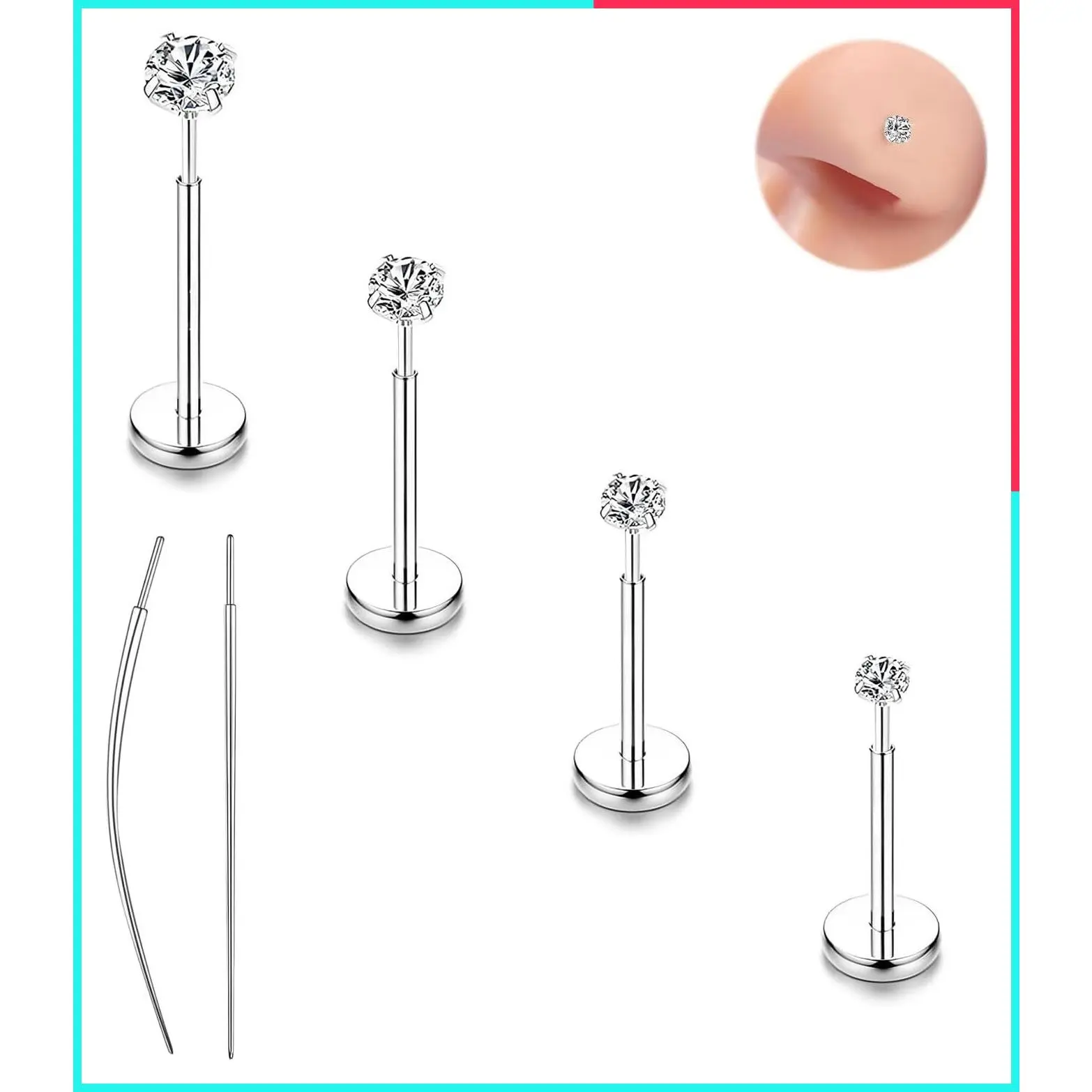 16G 18G 20G Hypoallergenic Threadless Flat Back Nose Studs for Women - Medical Steel, CZ 1.5-3mm, Nostril Tragus Helix Piercing Jewelry, Secure Fit for Sensitive Skin