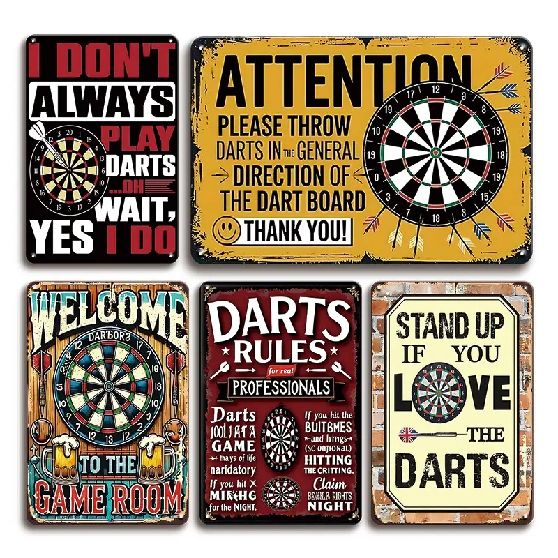 Funny Vintage Darts Metal Tin Signs, Wall Art Decor for Game Room, Welcome Warning Rules Decorative Plaque, 5 Pcs Set for Bar Garage Man Cave Home Decor
