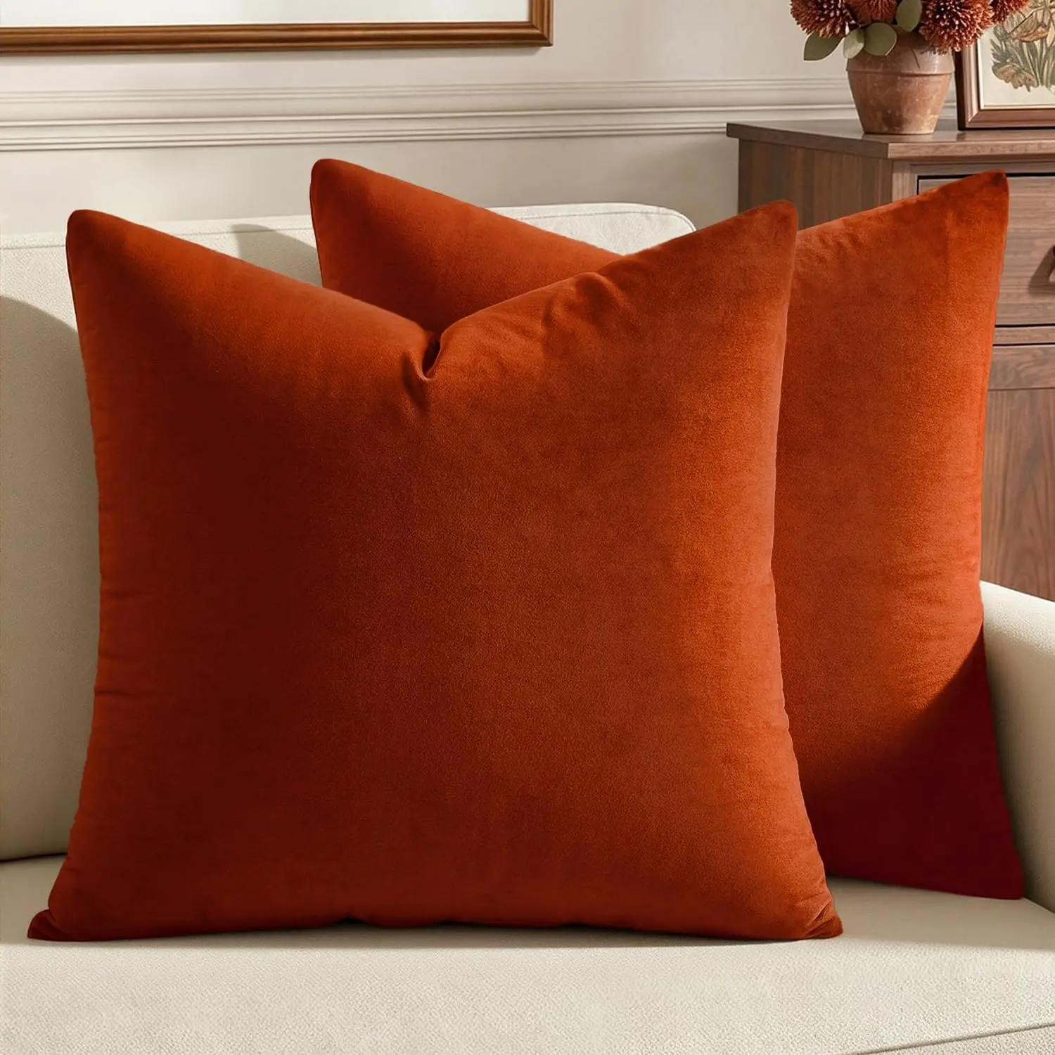Velvet Throw Pillow Covers 20x20 Inch, Pack of 2 - Burnt Orange, Soft Fall Decorative Square Cushion Decor for Couch, Bed, Bedroom Livingroom