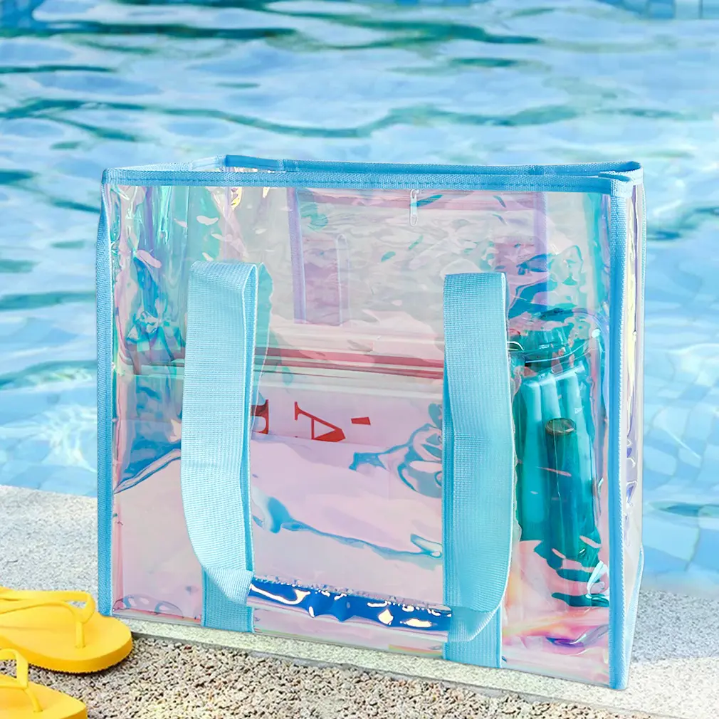 Holographic Clear PVC Tote Bag with Matching Mini Zipper Pouch, Iridescent Laser Transparent Shoulder Handbag, Large Capacity Beach Shopping Bag, 4 Colors Pink Blue Purple Grey for Travel Concert Daily Use