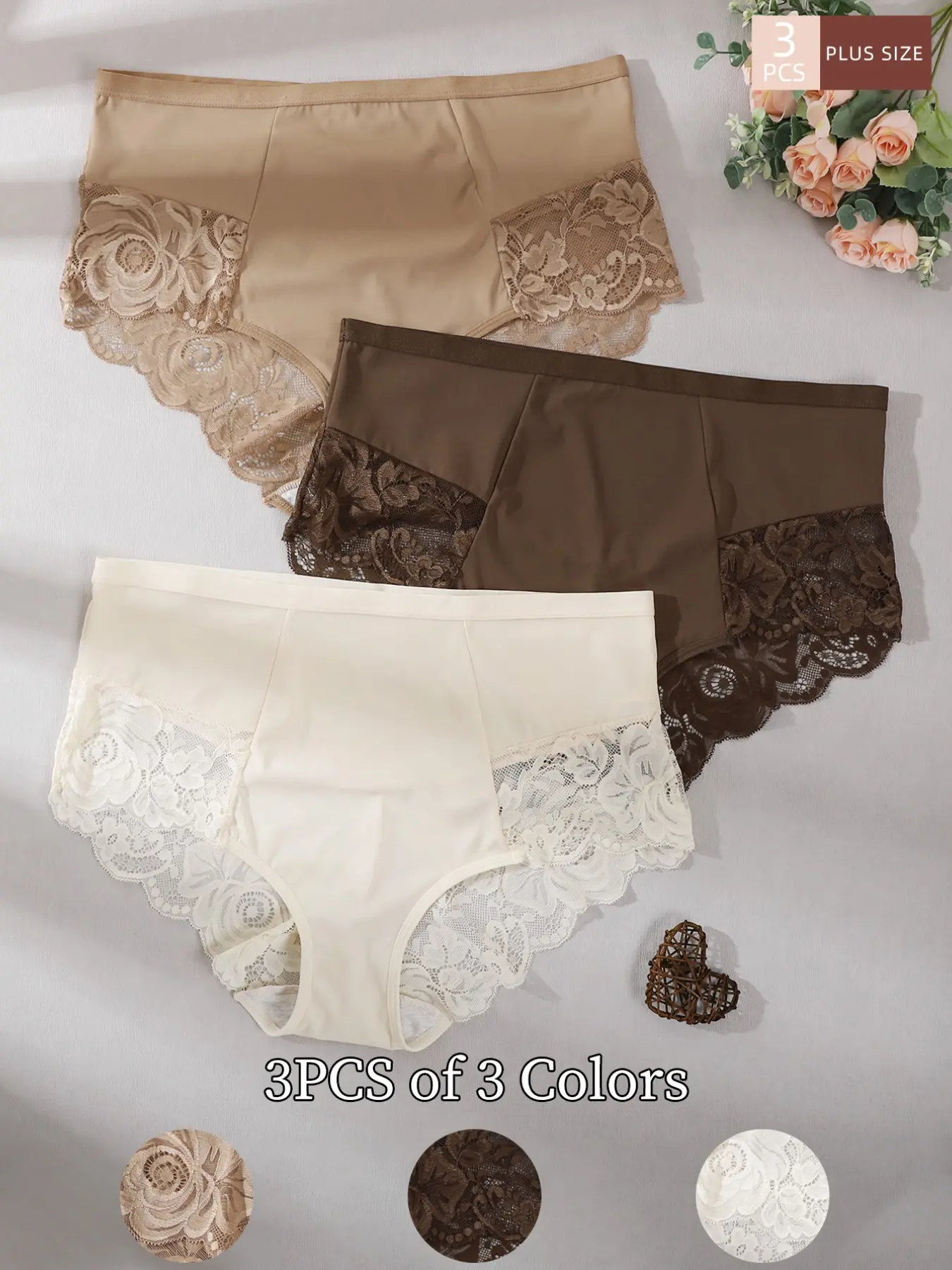 3-Pack Plus Size Vintage Rose Lace Midi Underwear Set, Breathable Cotton Crotch, Floral Sheer Side Panels, High Inclusivity Design