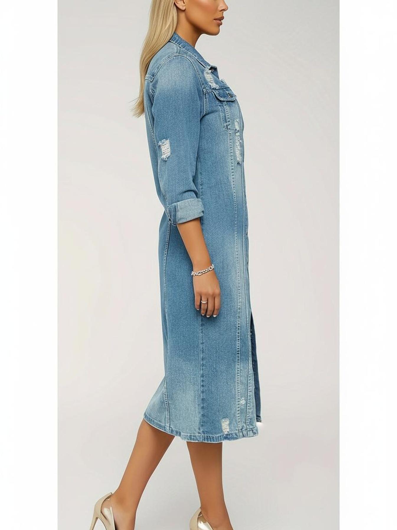 Women's Long Distressed Denim Duster Jacket Button Front Ripped Jean Coat with Pockets