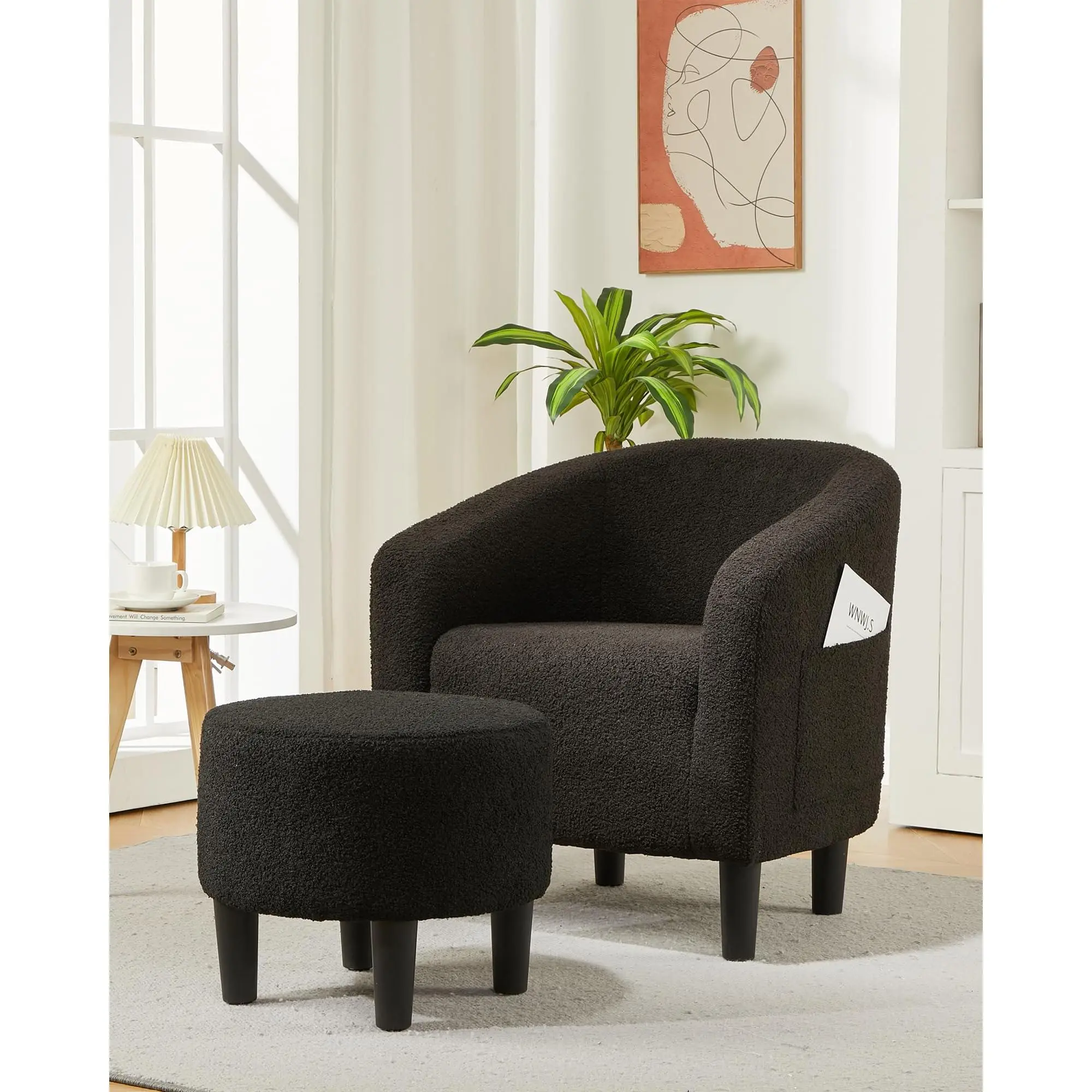Accent Chair with Ottoman – Boucle Barrel Armchair, Modern Club Chair with Stool for Bedroom, Reading Room & Living Room