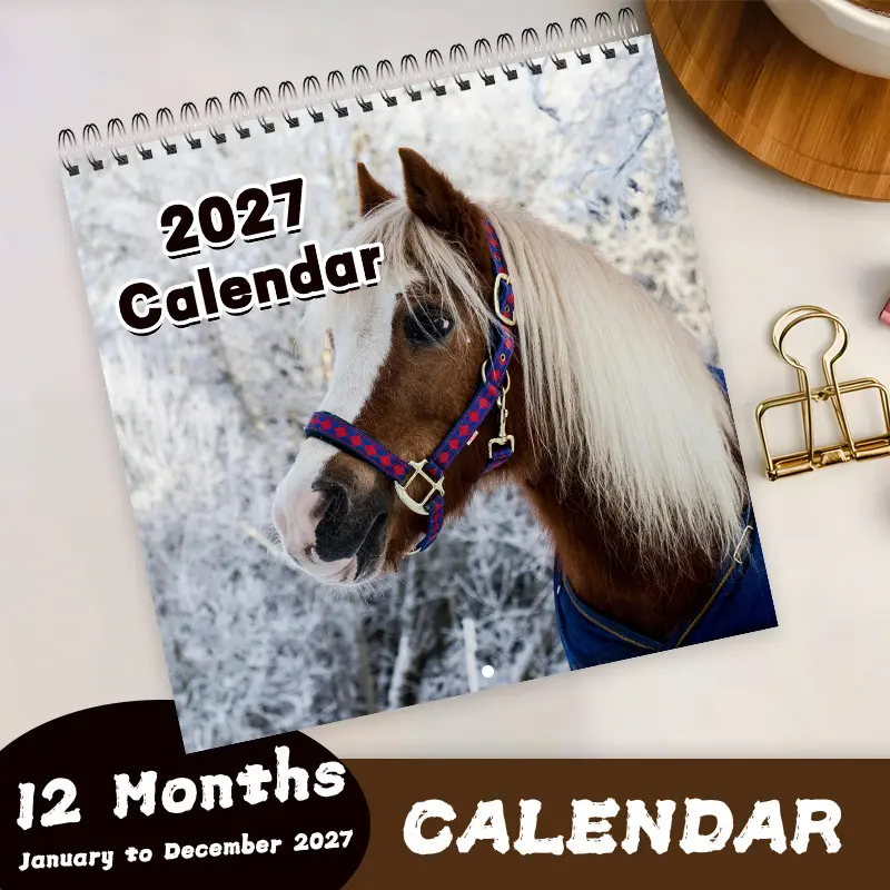 2027 Year Calendar Winter Frost Forest Brown and White Horse Portrait Wall Calendar with spiral binding, 12-page layout, made of high-quality thick paper, a great choice for home and office decor, beautiful illustrated cover, high-defi
