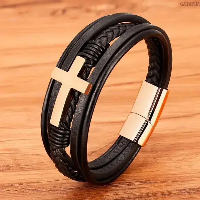 Men's Minimalist Chain Bracelet - Metal Double-Layered with Cross Charm, Bold Style, Black Silver Gold, 1 Size, Sports & Outdoor Casual Daily Male Accessory, One Size
