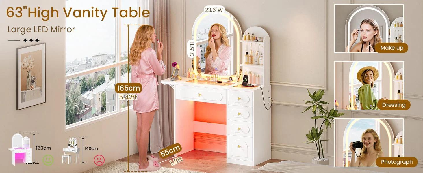 Arched Makeup Vanity with LED Lighted Mirror and Charging Station White Arched Makeup Vanity with LED Lighted Mirror and Charging Station White
