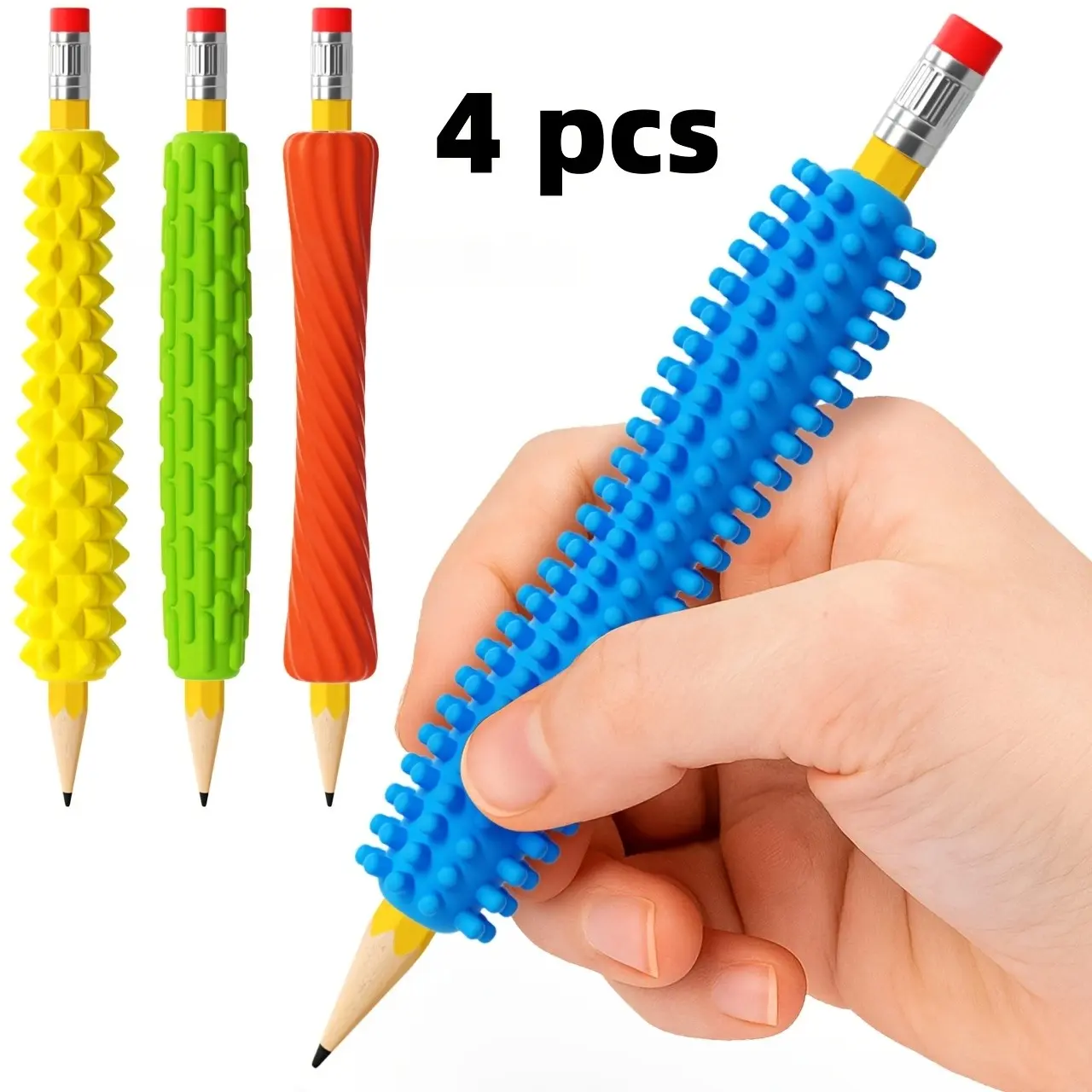 4-Pack Textured Silicone Pencil Grips, Sensory Writing Aid Tool, Tactile Support for Adhd and Autism, Anxiety Relief for Kids