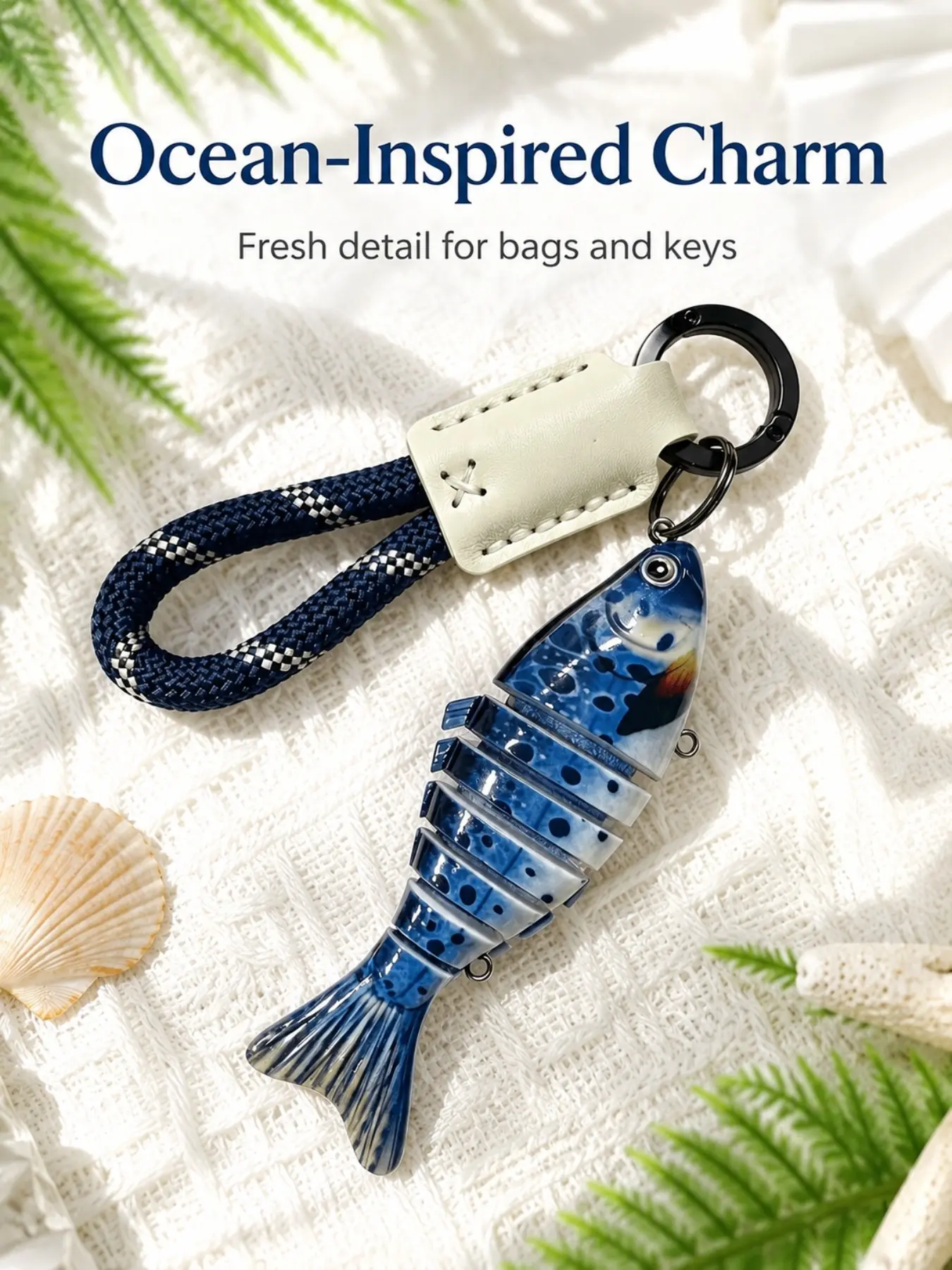 Movable Segmented Swing Fish Wrist Lanyard Keychain, Keychain for bags, Gloss Resin Articulated Marine Ocean Bag Charm with Plaid Pattern Polyester Braided Loop Strap, fishing souvenir keyring Car Key Accessory, Fishing Souvenir Gift