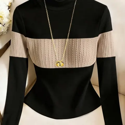 Women's Minimalist Casual Colorblock Mock Neck Long-Sleeve Top, French Style Slim-Fit Textured Top, Perfect for Office, Shopping and Dating