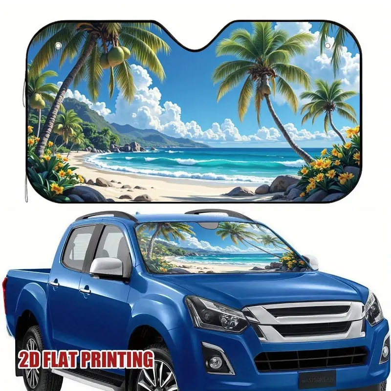 1pc Car Sun Visor with Palm Tree Design - Foldable Portable Window Visor Suitable for All Vehicles, Heat & Glare Shield, Heat Dissipation Shield for SUVs, Trucks,, Taxis, Holiday Travel, 2D Flat