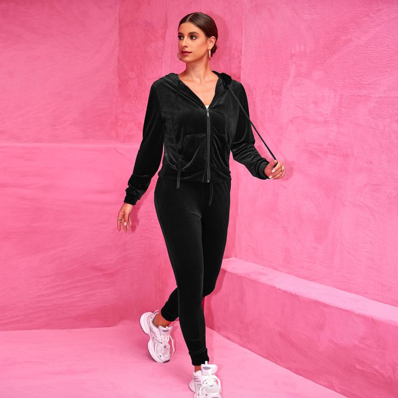 Joyfunear Women's Velvet Tracksuit Set: Hooded Zip-Up Jacket + Jogger Pants