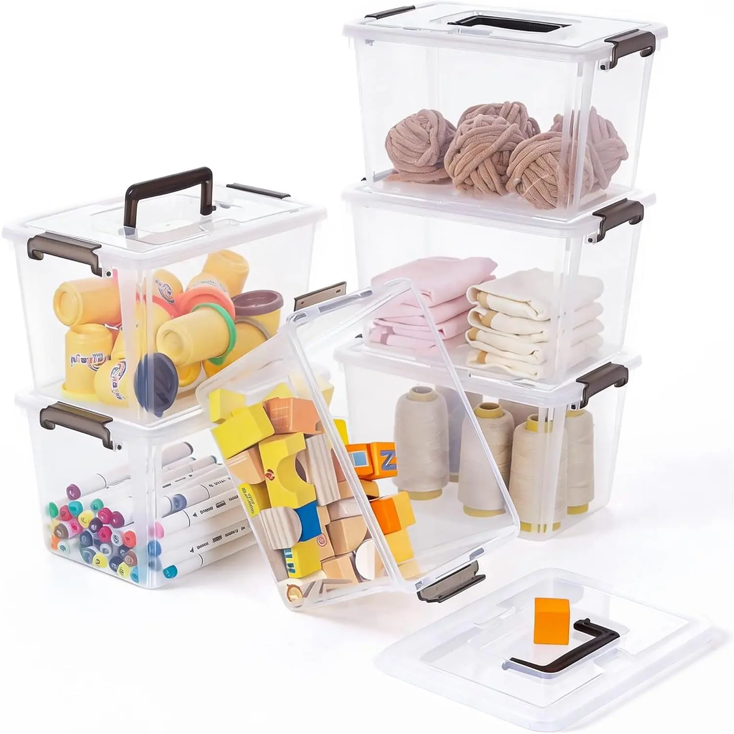 6 Packs 6 QT Plastic Storage Bins with Latching Lids Clear Storage Box with handle Stackable Storage Containers for Organizing Snacks, Crafts, Toys, Tools