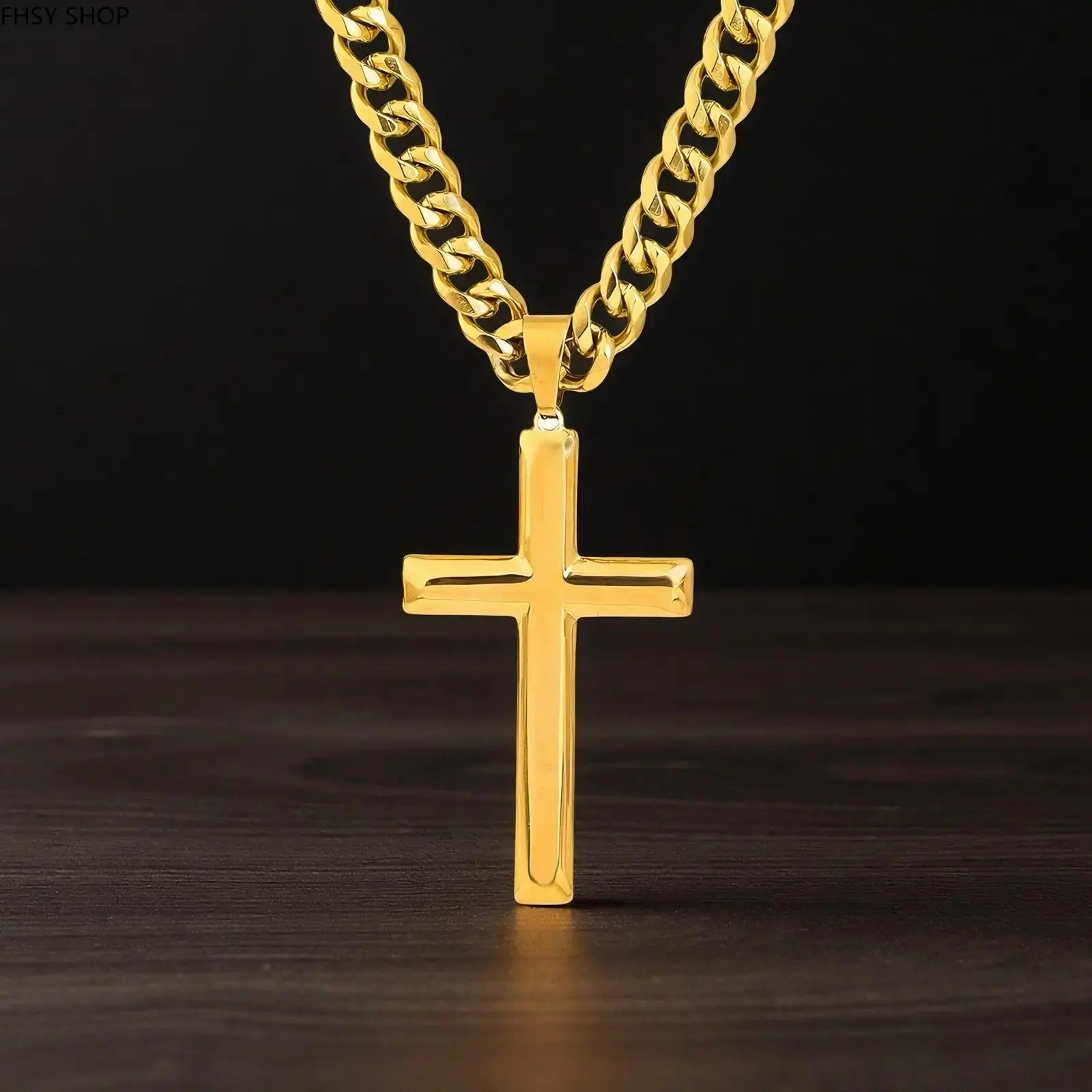 18K Gold Plated Cuban Chain with Cross Pendant, 7mm Stainless Steel Layered Necklace, High-End Religious Jewelry for Men Women, Ideal for Baptism & Special Occasions