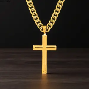 18K Gold Plated Cuban Chain with Cross Pendant, 7mm Stainless Steel Layered Necklace, High-End Religious Jewelry for Men Women, Ideal for Baptism & Special Occasions