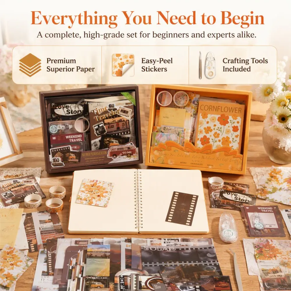 2 Packs Vintage Aesthetic Junk Journal Kit with Gift Box, Scrapbooking Supplies Set Including Decorative Paper, Washi Tapes, Stickers, Tweezers & Craft Knife, DIY Journaling Stationery Gift for Beginners