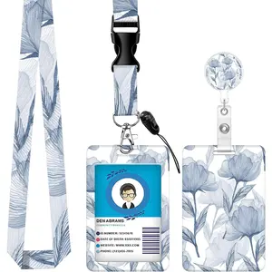 Cute ID Badge Holder with Retractable and Detachable Lanyard, Badge Reel Breakaway Lanyard with Carabiner Clip for Women Teachers  Students Doctors Work and Office (Blue White Wide Flower)
