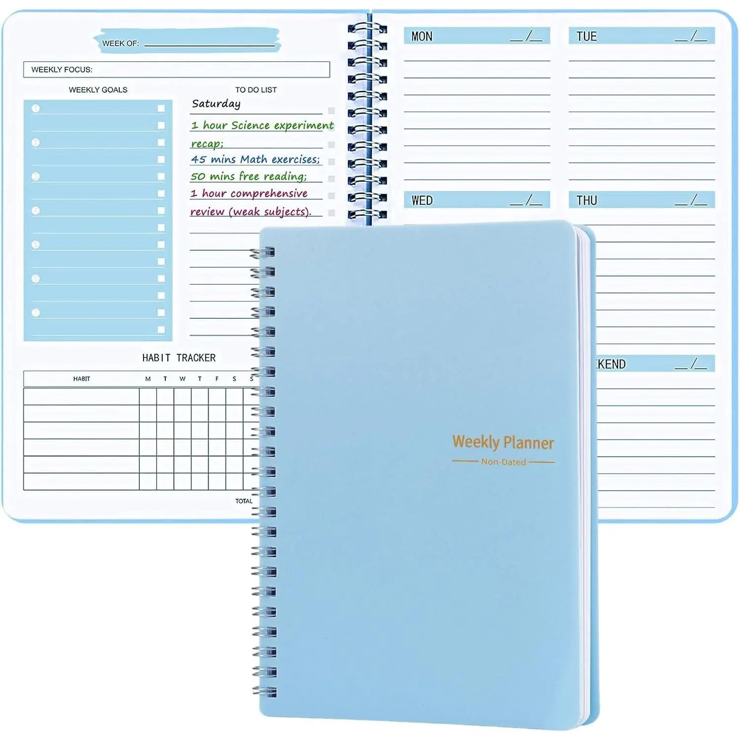 Undated A5 Weekly Planner with Goal & Habit Tracker, Spiral Bound To Do List Notebook, Personal Agenda Journal for Work, Kids & School