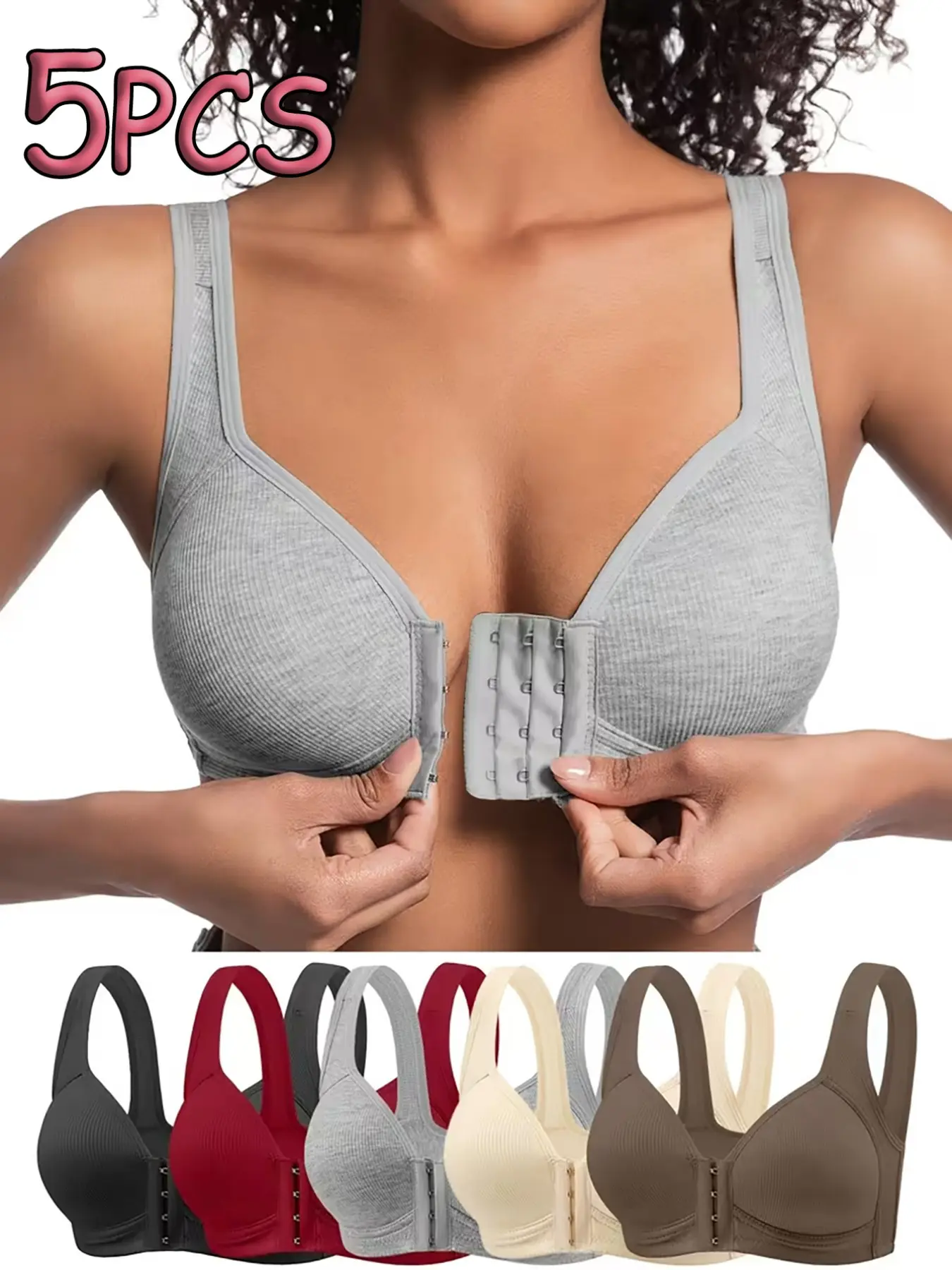 5-Piece Plain Front Buckle Adjustable Bra Set, Comfortable Breathable Daily Wear, Medium Support Balconette Cups, Casual Lined Bralettes