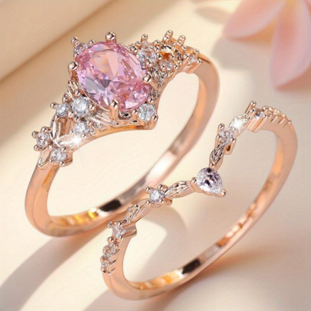 Cute Dainty Pink Flower Synthetic Zirconia Couple Rings, Promise Stacking Birthstone Rings, Golden Engagement Wedding Jewelry, Valentine's Day Mother's Day Christmas Gift