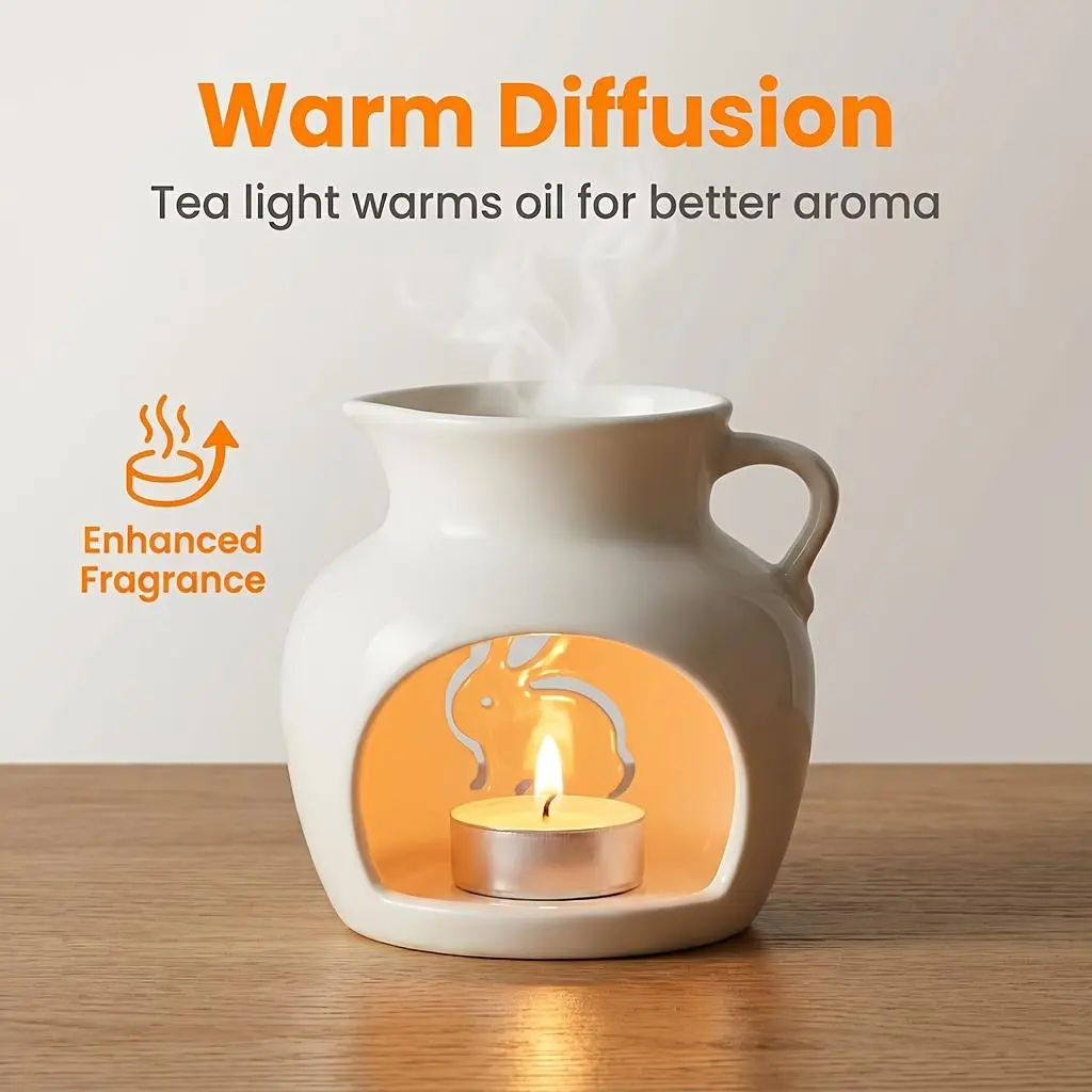 Minimalist White Ceramic Scented Aromatherapy Lamp - Indoor Home Fragrance Diffuser with Essential Oil & Incense Candle Compatibility, Light Emitter, Grooved Surface, Removable Bowl, 9.5 cm Height, 10 cm Diameter for Relaxation