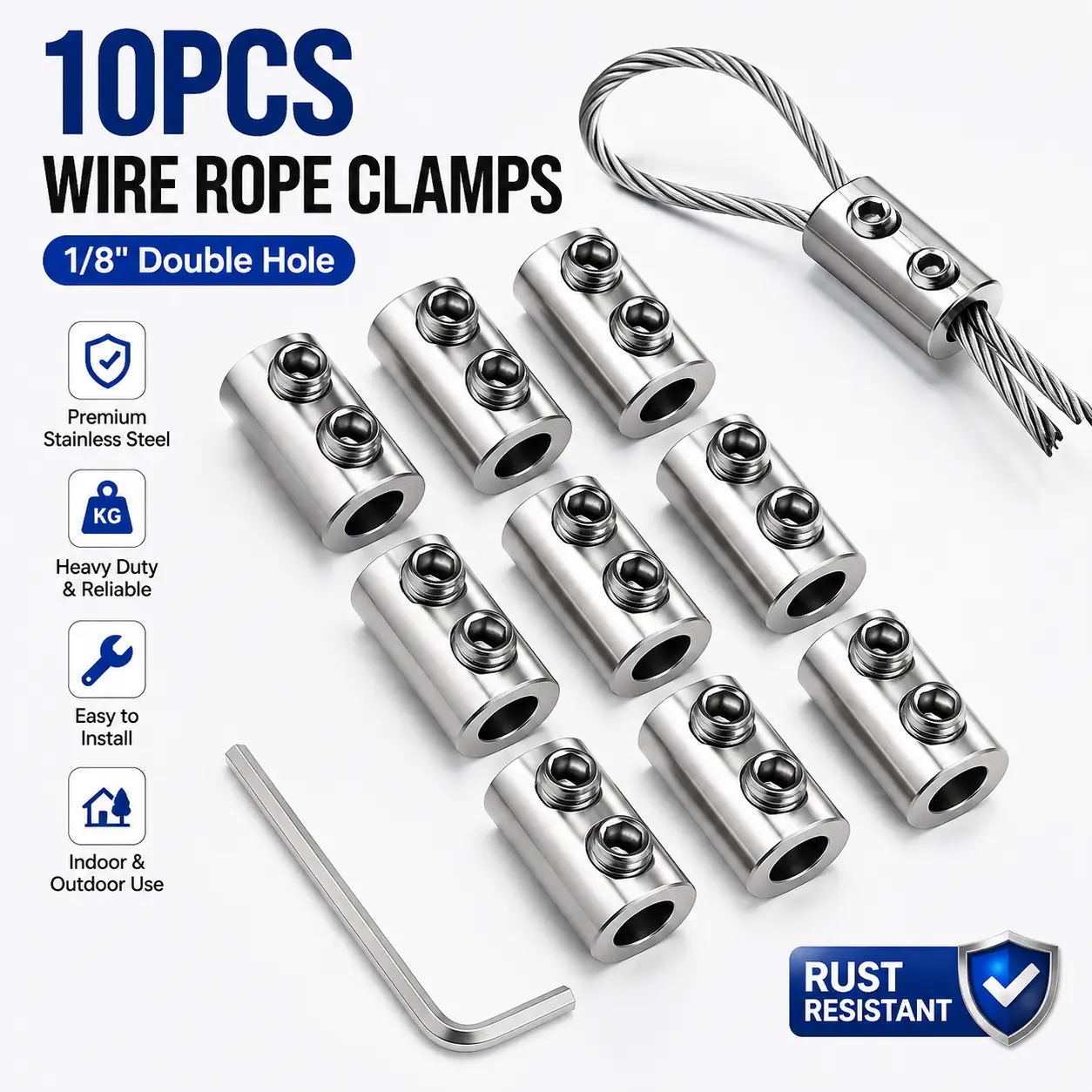 10 Pack 1/8 Inch Stainless Steel Wire Rope Clamps, Double Hole Cable Clip Fasteners with L Wrench, Heavy Duty Crimp Loop Clips for Garden, Camping, DIY Hanging & Outdoor Projects