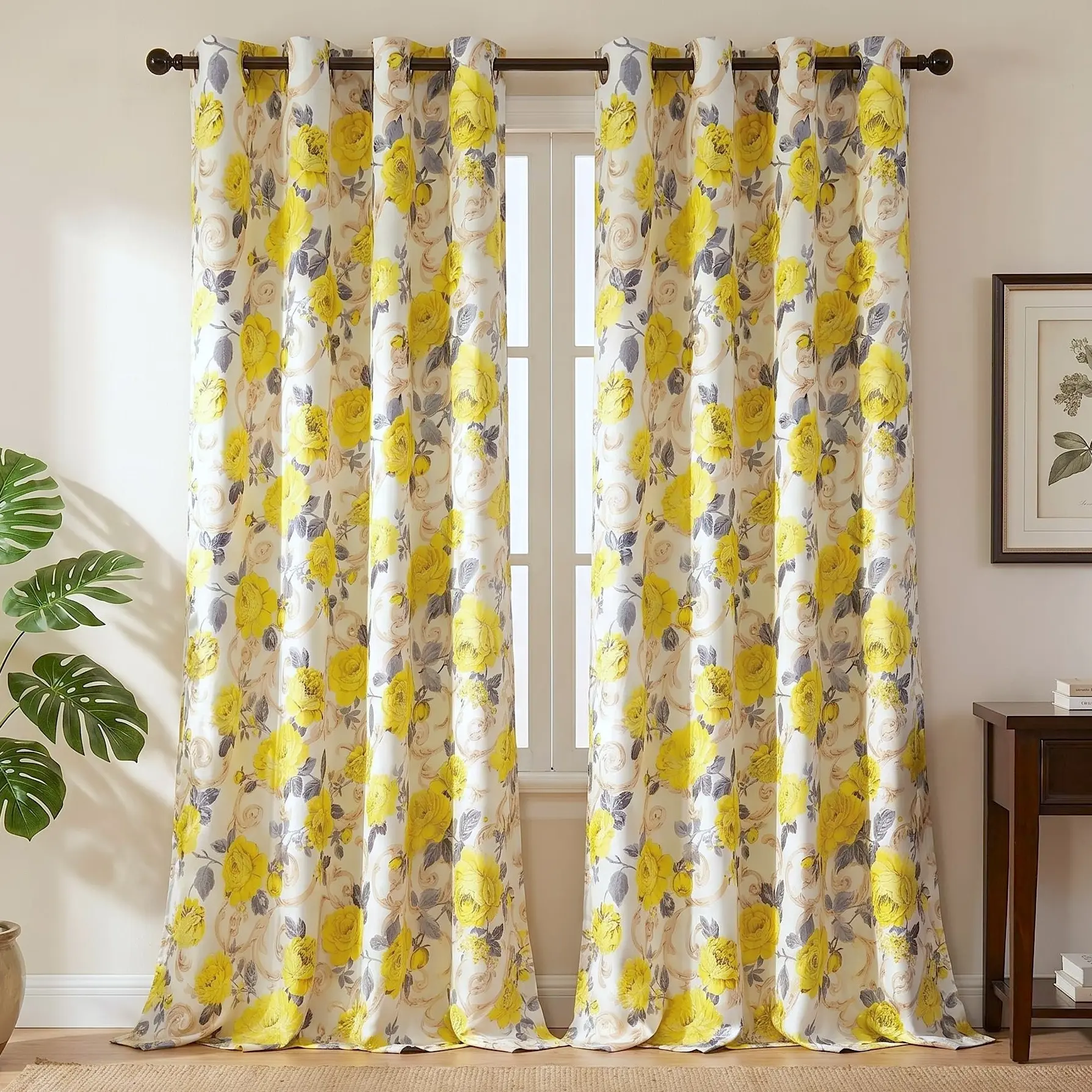 2 Pcs 52x84 in Silver Foil Metallic Rose Flower Pattern Grommet Blackout Curtains, Indoor Room Darkening Breathable UV-Protective Window Drapes for Bedroom Home Decor QF261