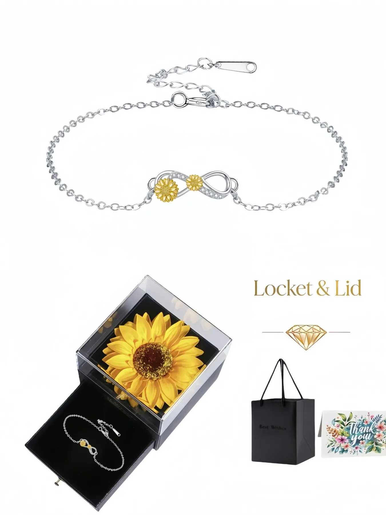 Dual Gold Sunflower Infinity BraceletFresh sunflower women bracelet, artificial sunflower gift box. Gifts for Birthday, Mother’s Day, Valentine’s Day & Christmas