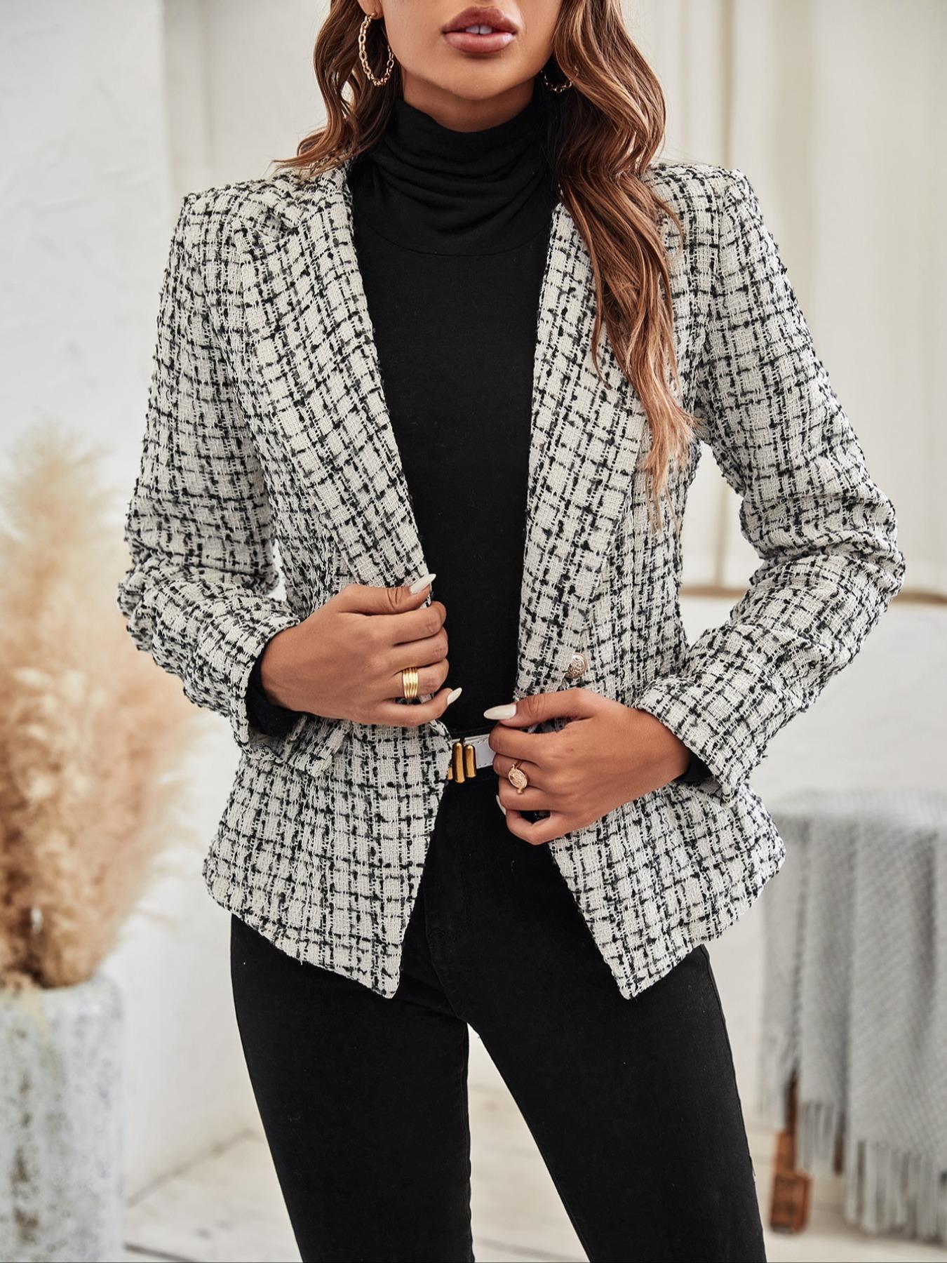 Women's Plaid Print Double Button Flap Detail Lapel Trendy Blazer, Casual Long Sleeve Outerwear for Fall & Winter, Ladies Clothes for Work Office Business, Elegant