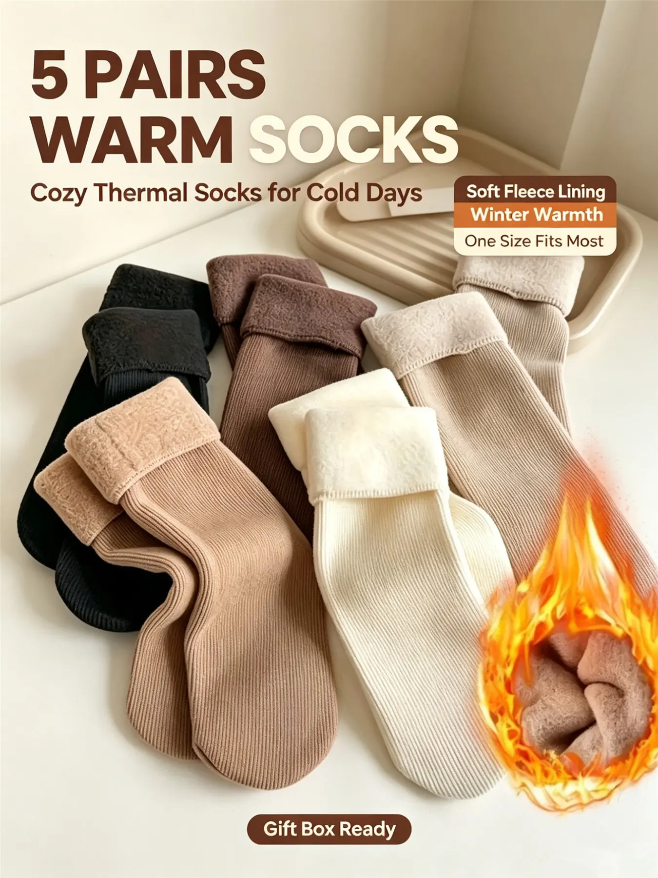 5 Pairs Warm Socks Set, Fleece Lining, Winter Wool Material, Women's Sizes 35-40, Cozy and Comfortable Footwear for Cold Weather